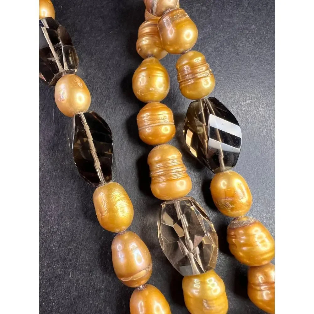 NEW smoky quartz and pearl multi strand necklace with sterling silver clasp